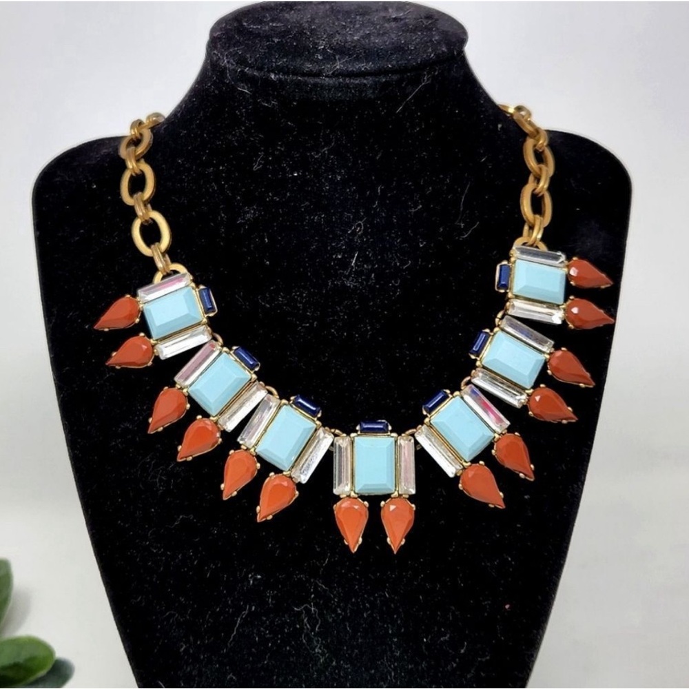 J. CREW Rhinestone Blue Rust Gold Tone Statement Necklace